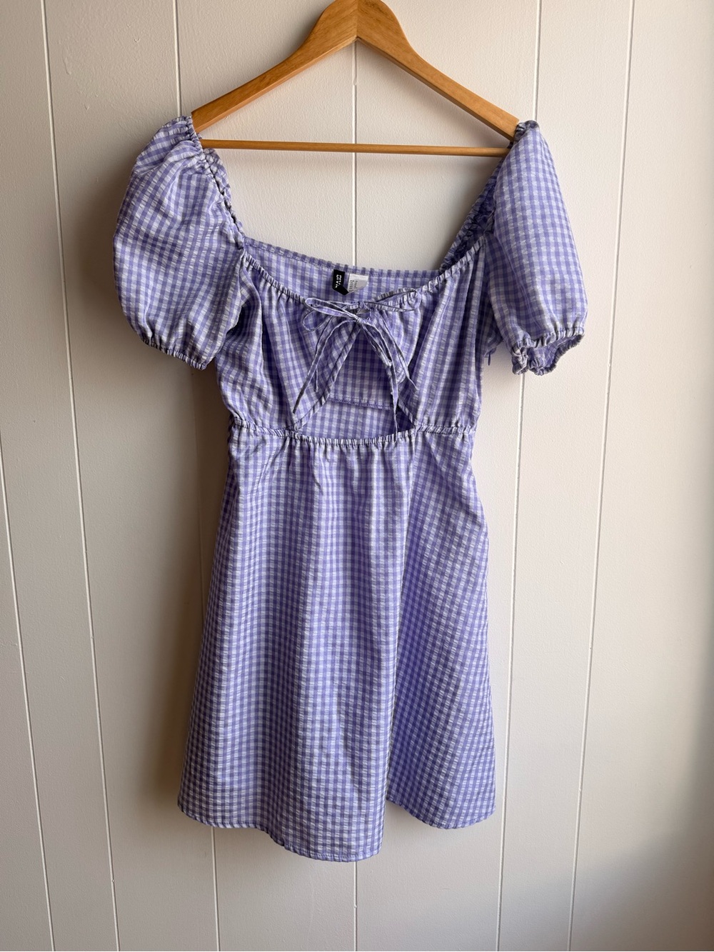H&M Lavender Gingham Puff-Sleeve Mini Dress